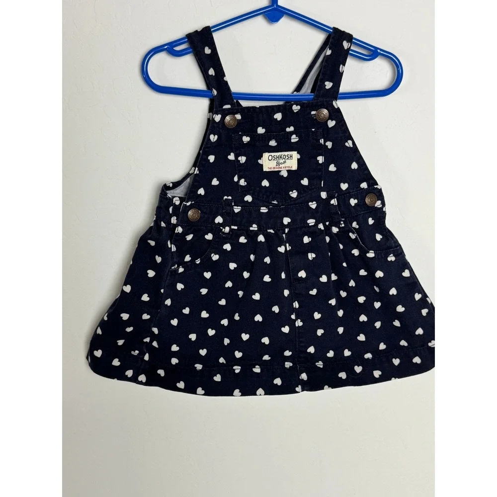 OshKosh B'gosh Girls Navy Blue Heart Print‎ Denim Bib Jumper Dress 24 Months